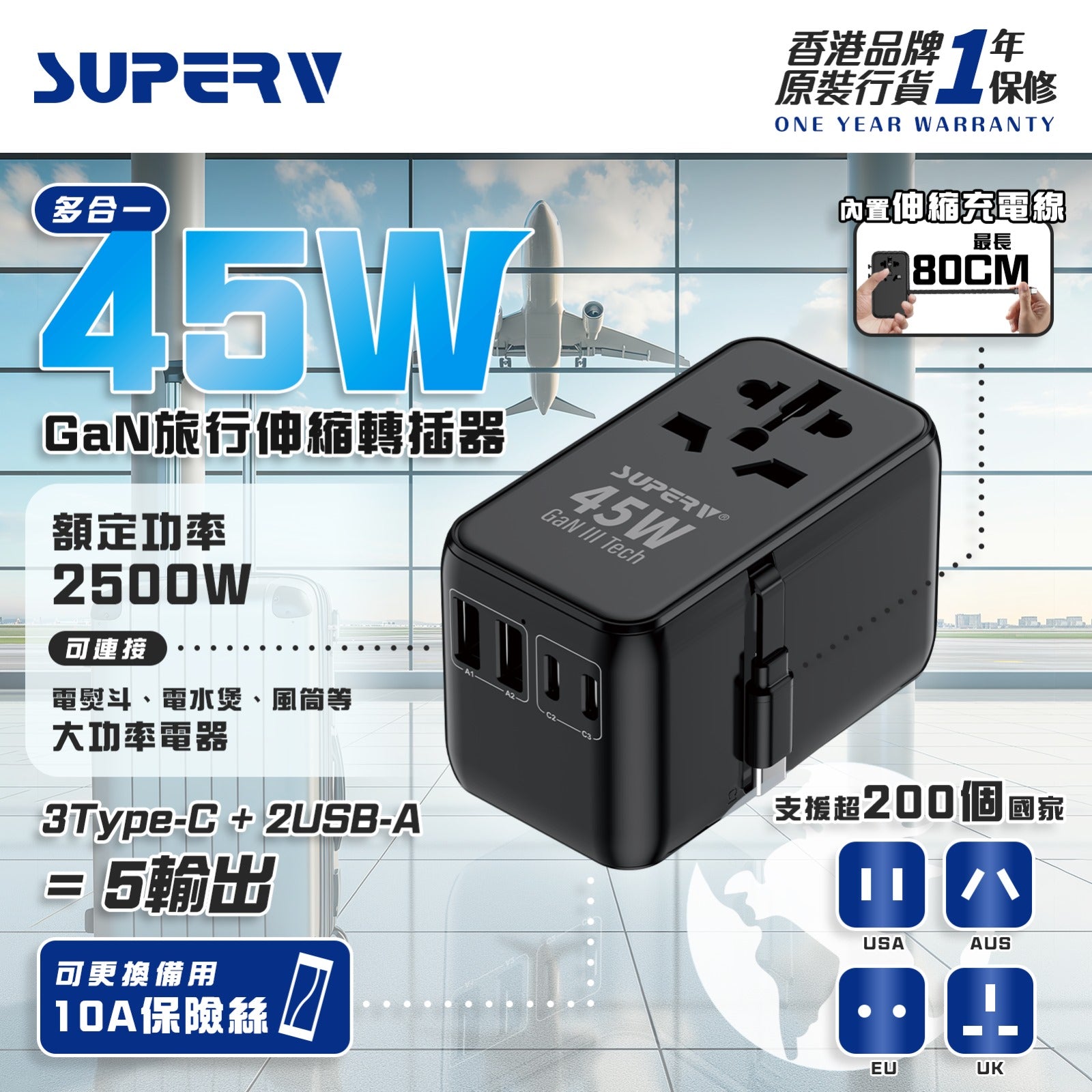 【門市發售】SuperV 45W GaN 旅行快充火牛（內含伸縮Type C線）（G55）